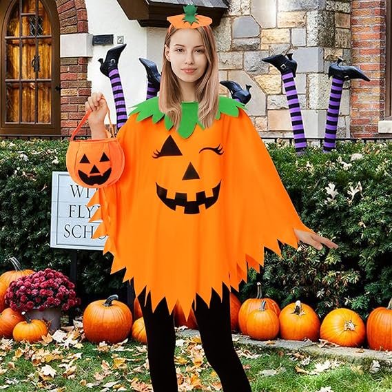 3pcs halloween pumpkin poncho for women,pumpkin cape costume