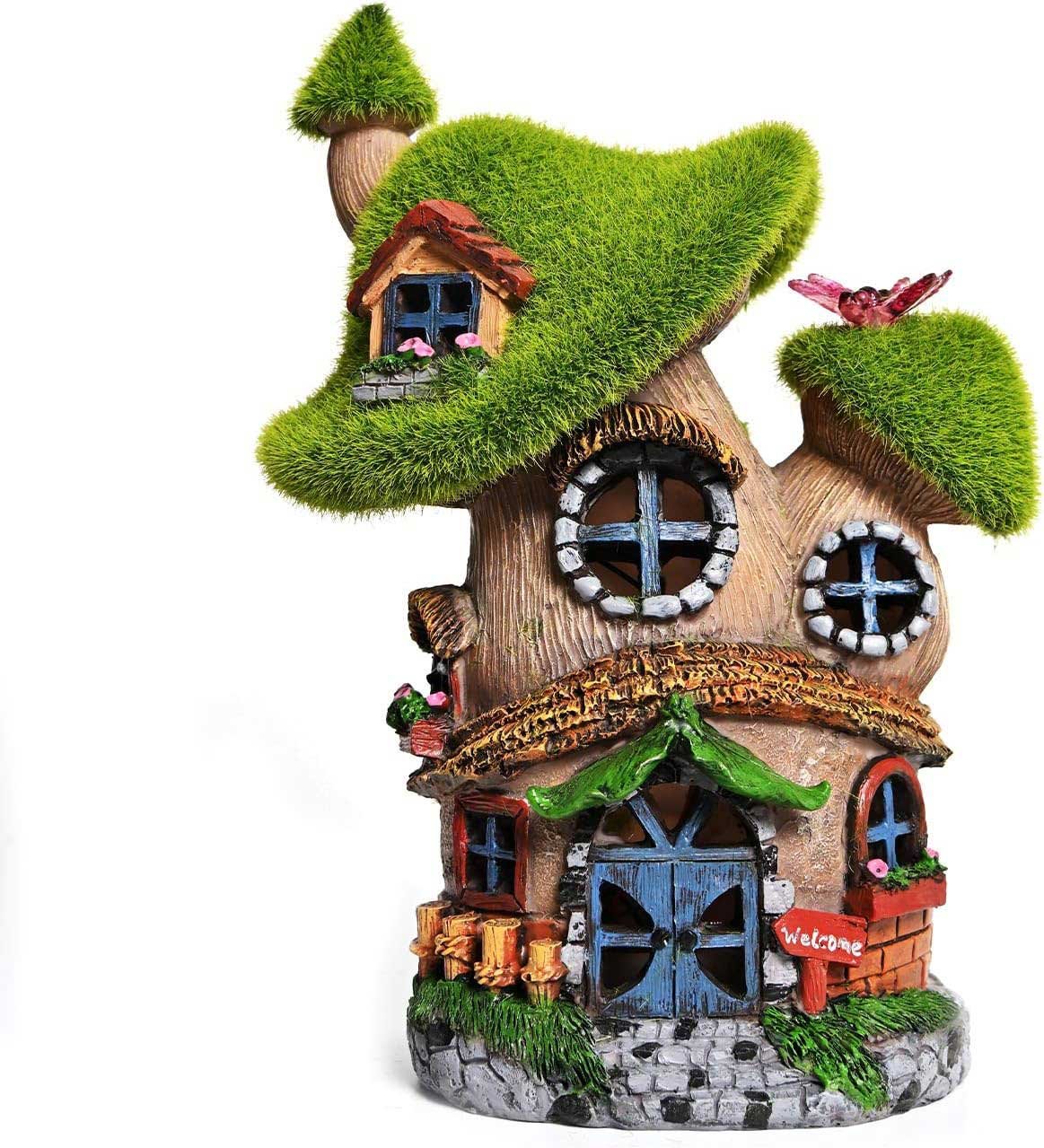 asawasa flocked mushroom fairy garden house with solar light,funny statue sculptures for garden decor,exquisite garden cottage figurines for patio lawn yard gift decoration