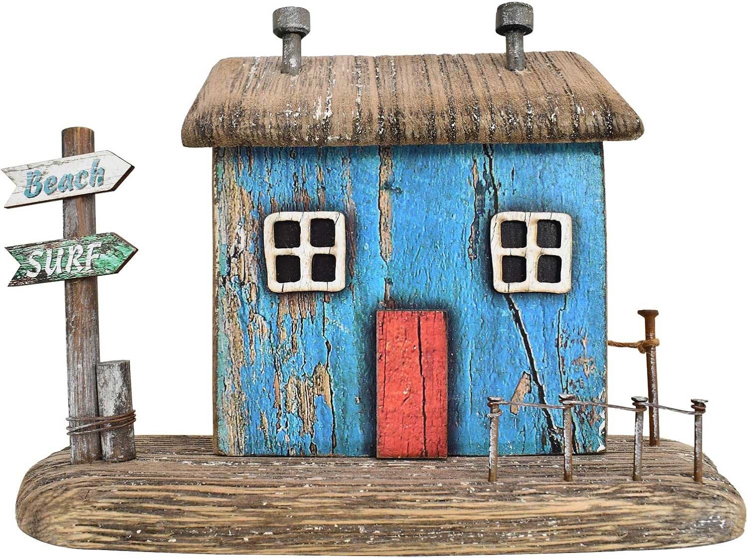 wood miniature house nautical beach table sculptures home decor, small wooden house figurine garden ornament summer beach mini house statue with beach surf sign