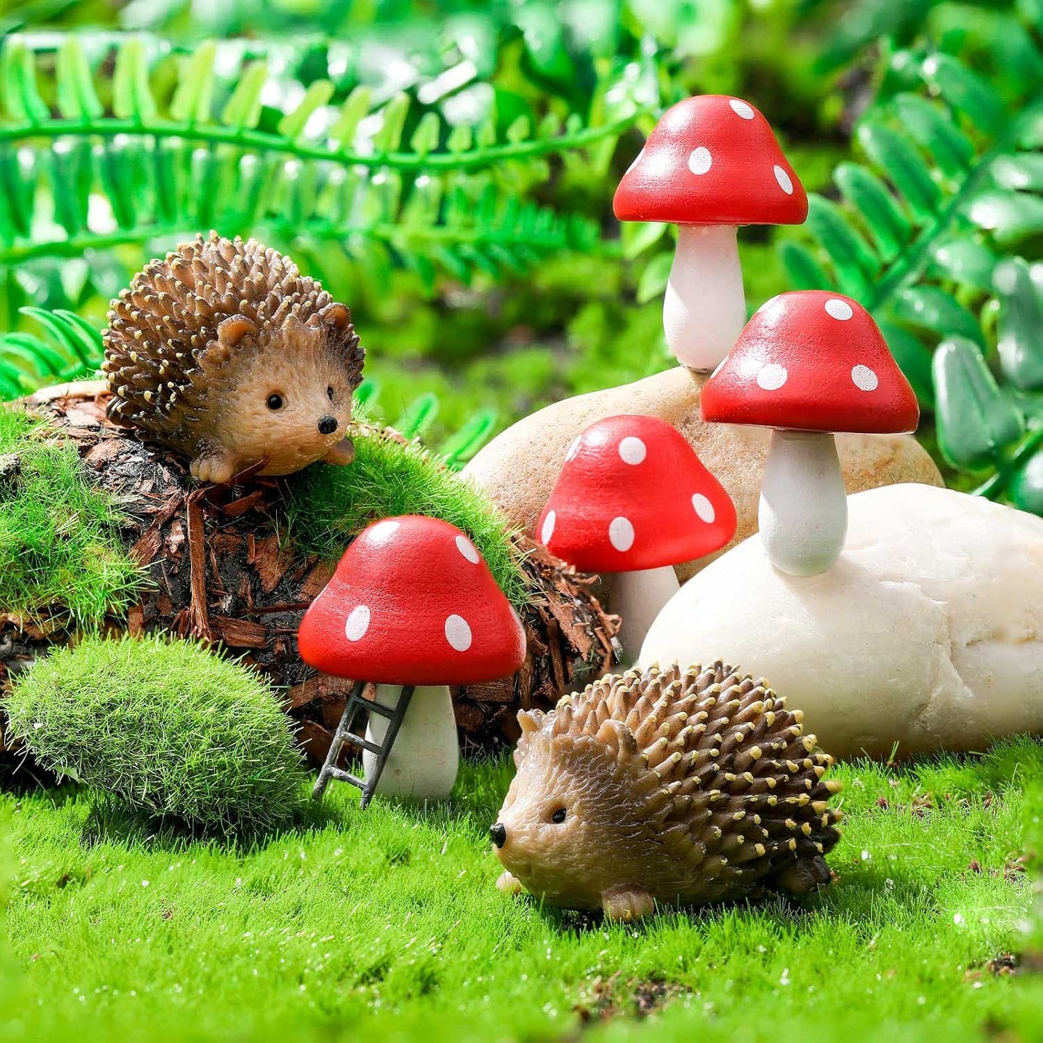 queekay resin hedgehogs & wood mushroom sculpture, fairy wild garden supplies, 6 pieces, red, handmade décor