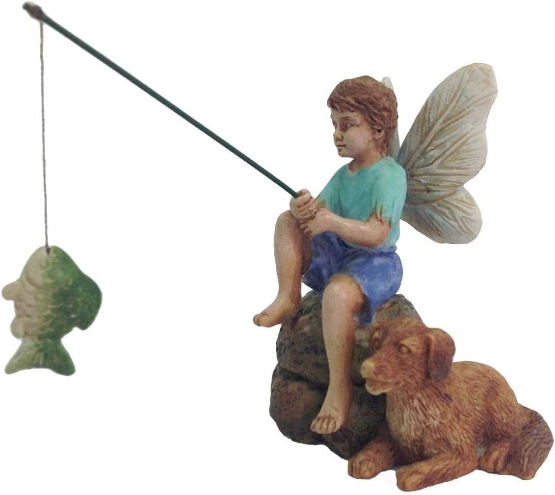 tg,llc treasure gurus miniature fairy boy fishing with dog garden ornament dollhouse decor accessory